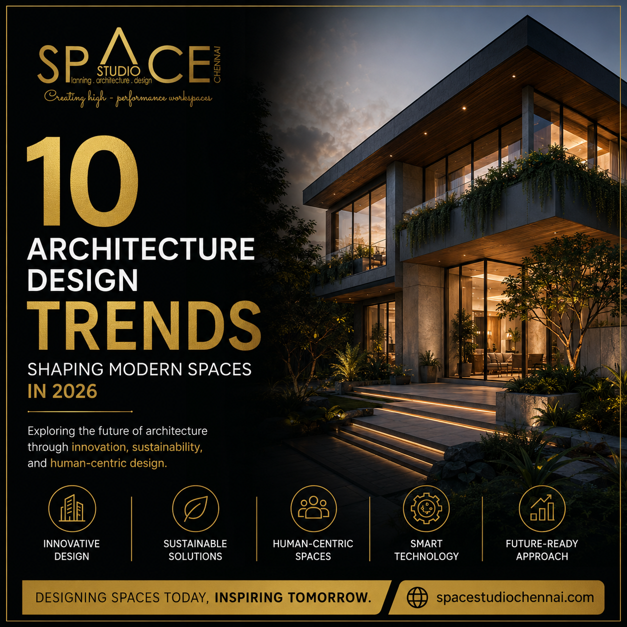 Modern commercial architecture showcasing the top 10 architecture design trends in 2026, including sustainable design, smart technology, human-centric spaces, and innovative workplace architecture by Space Studio Chennai.