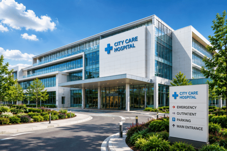 Modern healthcare architecture featuring patient-centered hospital design, natural lighting, and healing healthcare environments