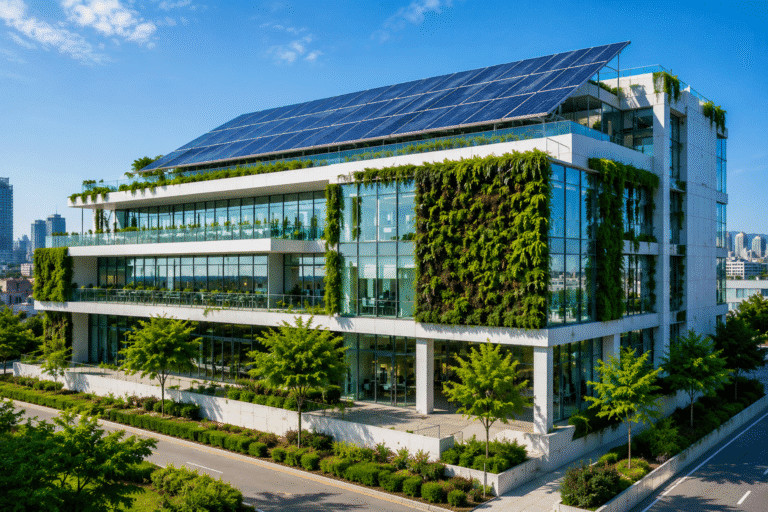 Sustainable commercial architecture featuring energy-efficient office building design, green building solutions, and environmentally responsible construction
