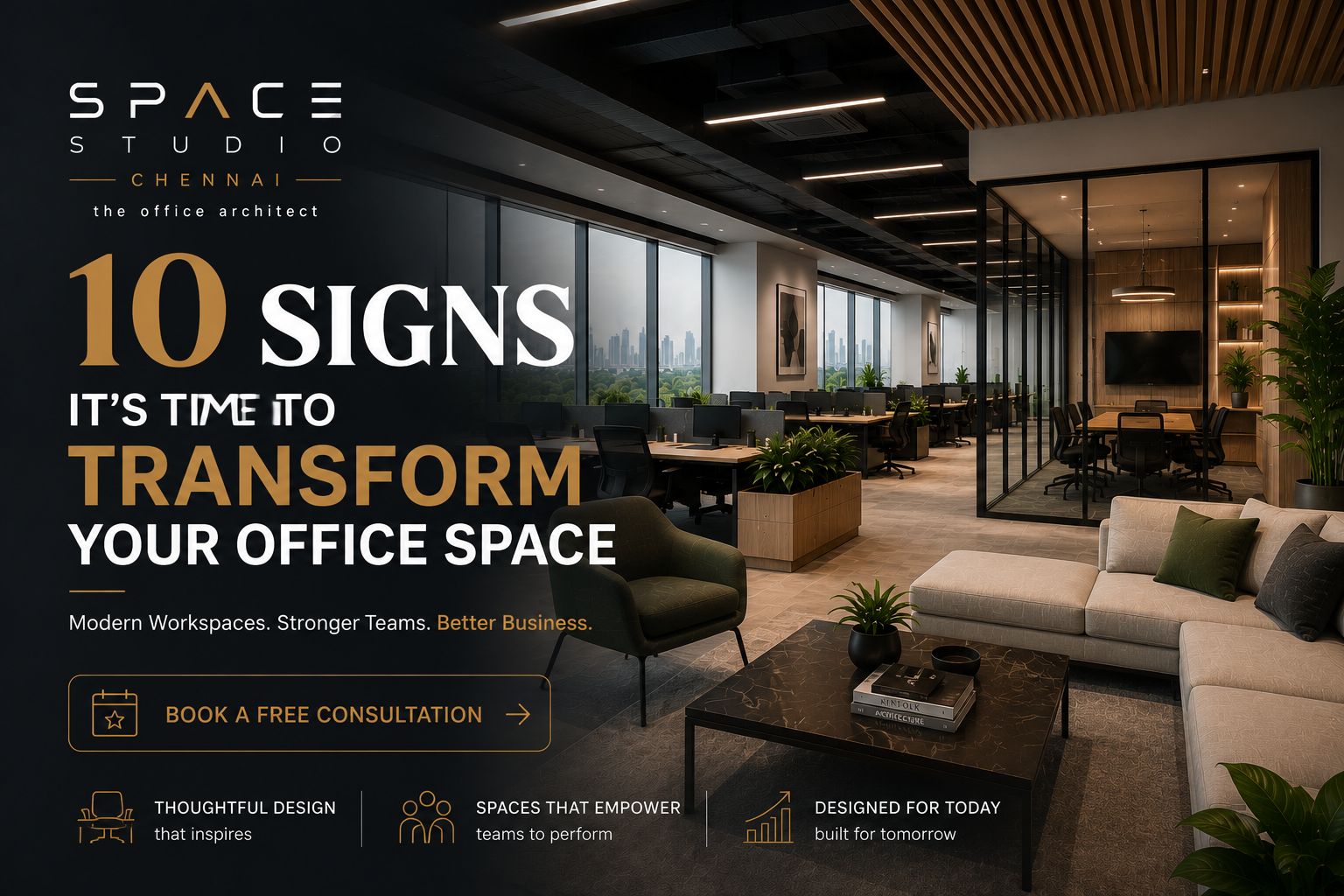 Modern office interior designed by Space Studio Chennai showcasing contemporary workspace design, collaborative office layouts, and premium office interior design in Chennai.