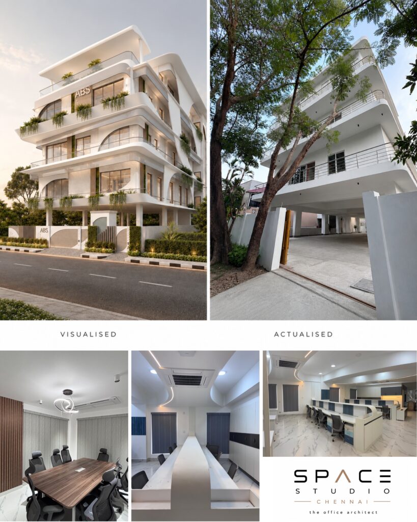 ABS Marine Services Corporate Headquarters project showcase featuring architectural visualization, completed office building, and modern workplace interiors designed by Space Studio Chennai.