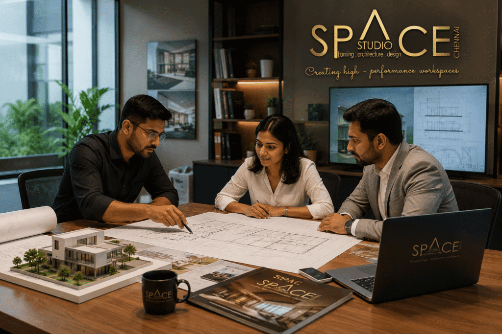 Architects discussing office building plans with a client at Space Studio Chennai during a commercial workplace design consultation.