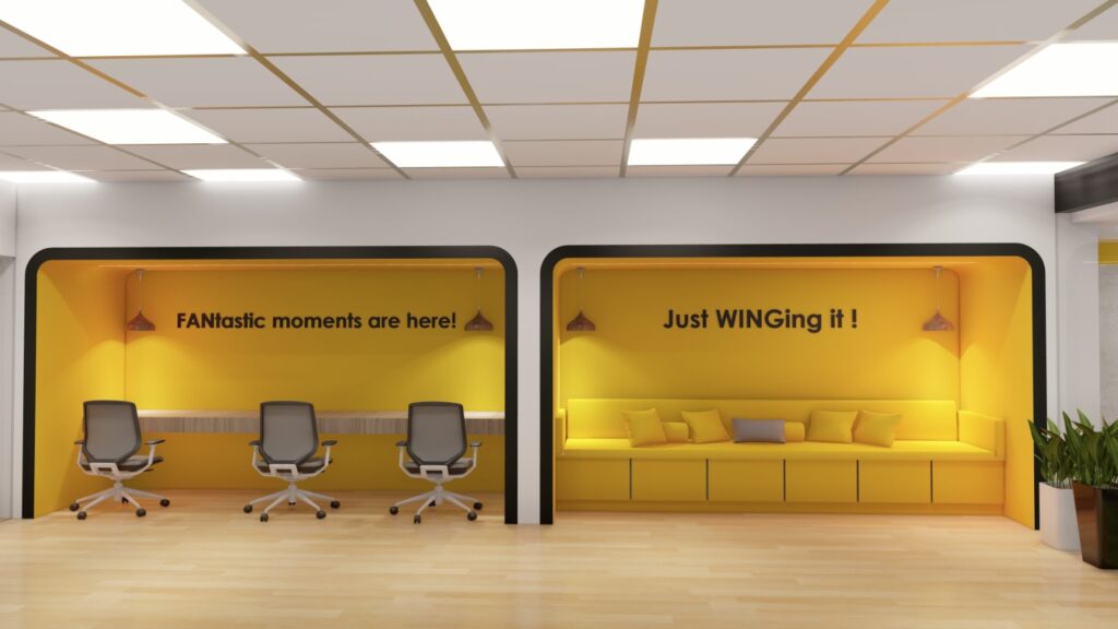 Collaborative workspace and breakout area designed by Space Studio Chennai for the Atomberg office, encouraging teamwork and creativity.