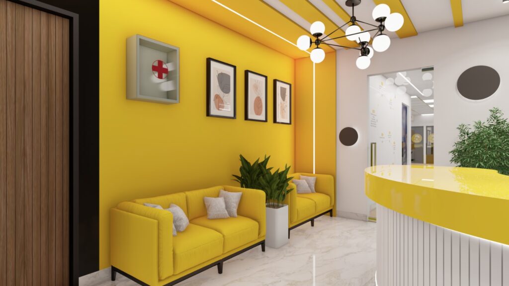 Modern reception and waiting lounge designed by Space Studio Chennai for the Atomberg office in Chennai with brand-inspired interiors