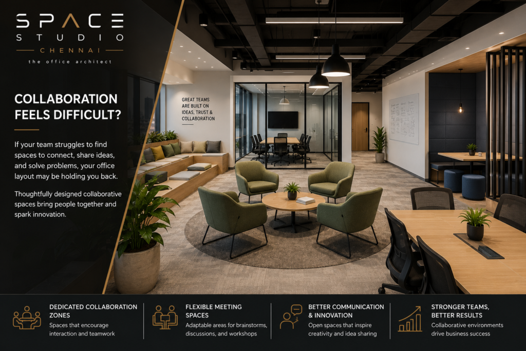 Modern collaborative office workspace with meeting rooms and breakout spaces designed by Space Studio Chennai.