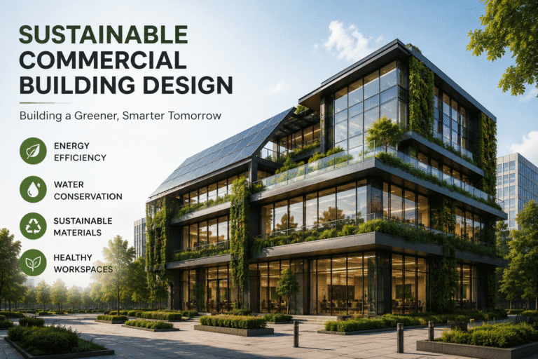 Modern sustainable commercial building design featuring green architecture, energy-efficient office building design, and eco-friendly commercial spaces in Chennai.