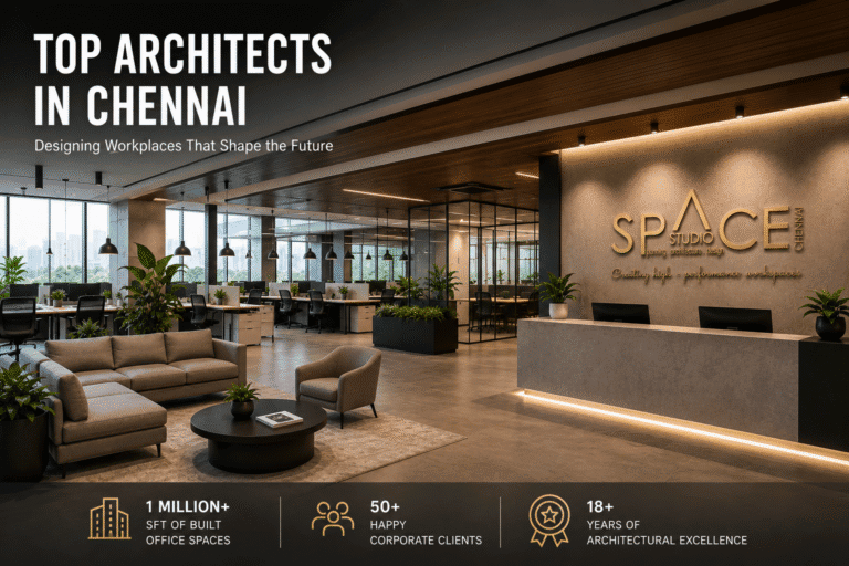 Top architects in Chennai – Modern corporate office designed by Space Studio Chennai featuring innovative workplace and commercial architecture.
