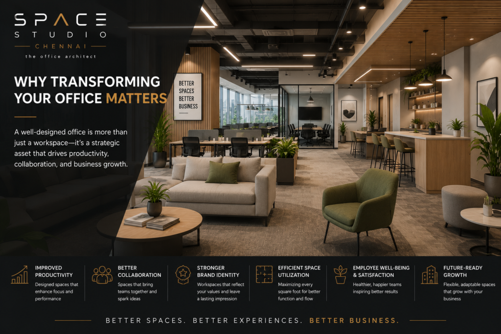 Modern office interior designed by Space Studio Chennai showcasing collaborative workspaces, productivity-focused layouts, and employee-friendly office design.