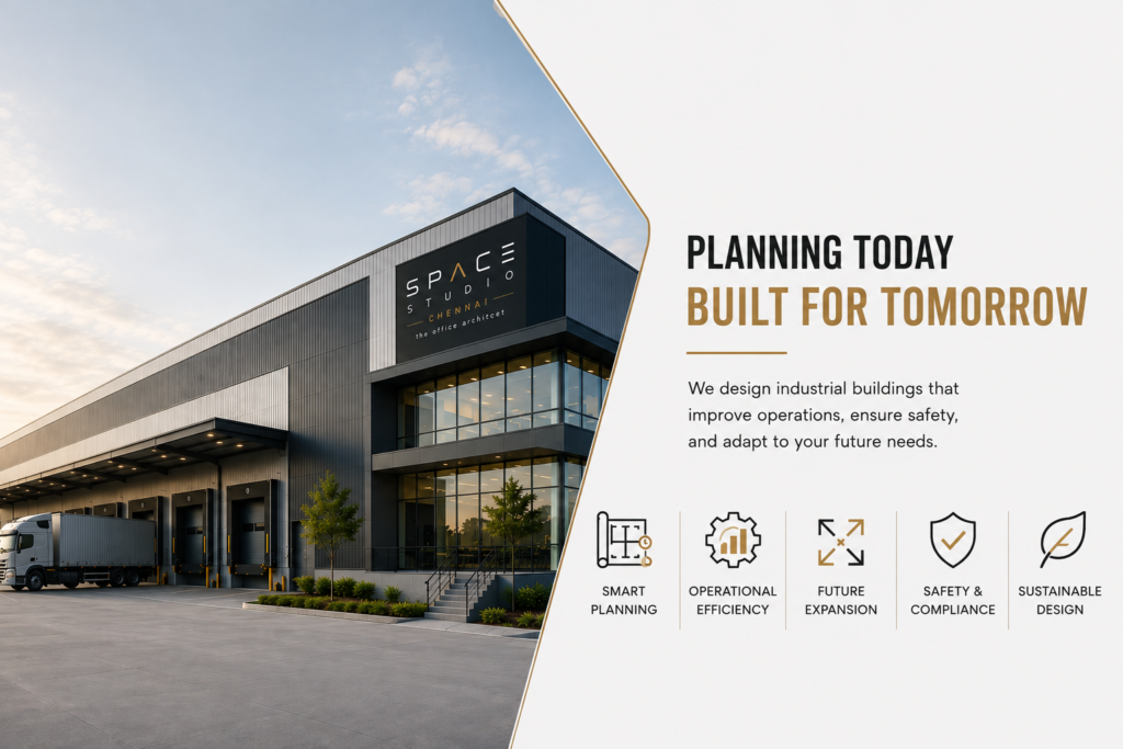 Modern industrial building designed for operational efficiency, safety, and future expansion by Space Studio Chennai