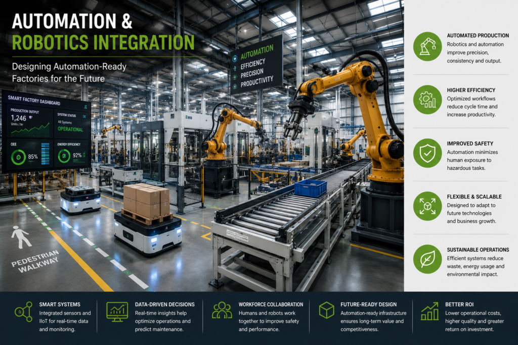 Automation and robotics integration in modern industrial factory design