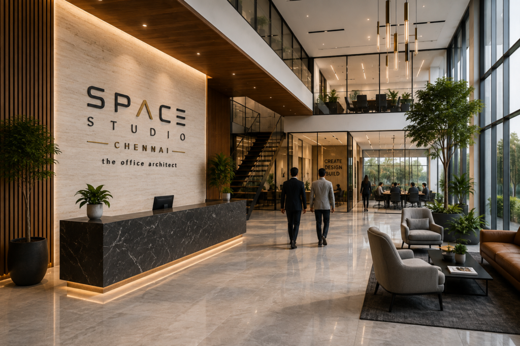 Modern commercial architecture and office reception designed by Space Studio Chennai in Chennai.