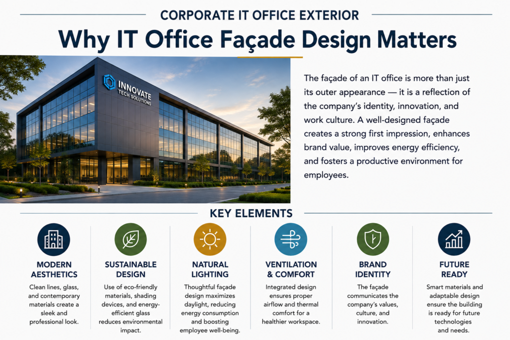 Modern corporate IT office exterior showcasing contemporary façade design