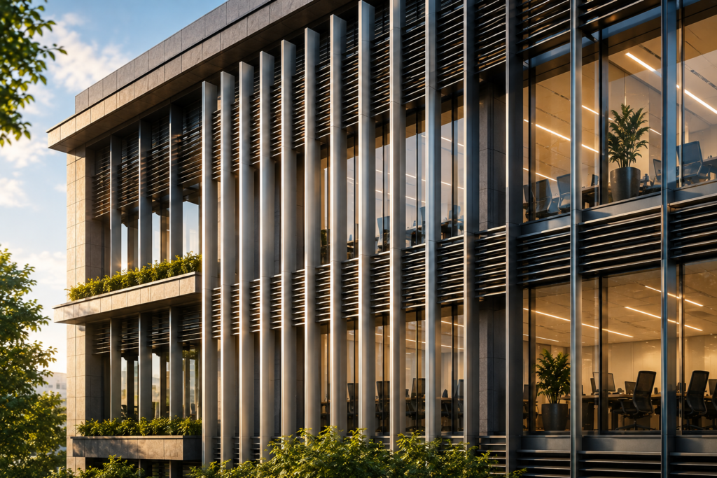 IT office façade design with vertical fins and solar shading in Chennai