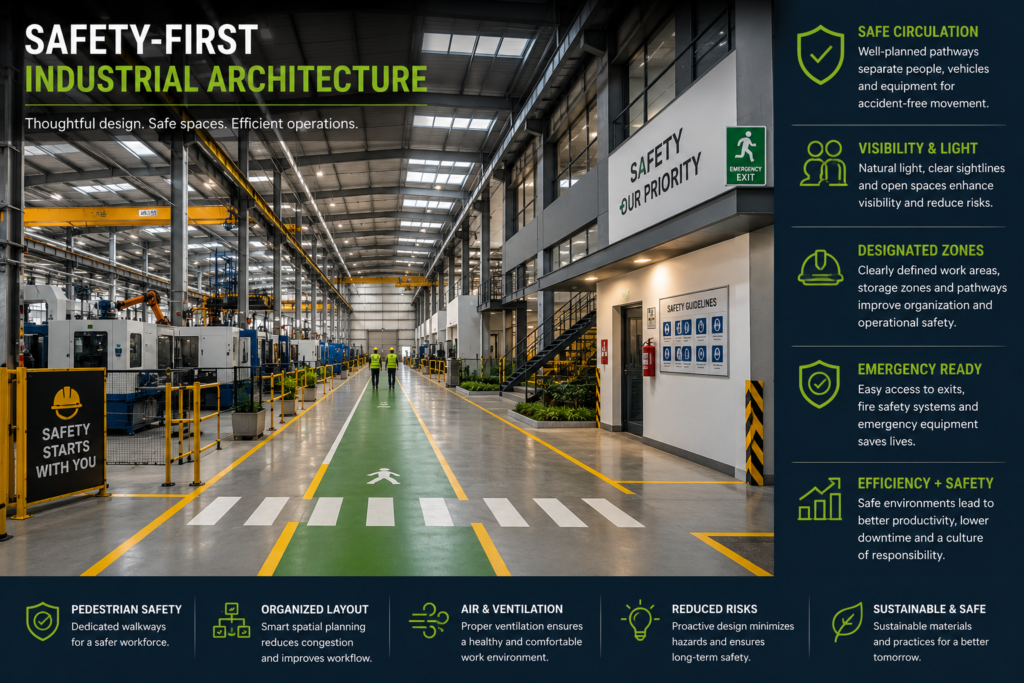 Safety-first industrial architecture with organized factory pathways and designated work zones