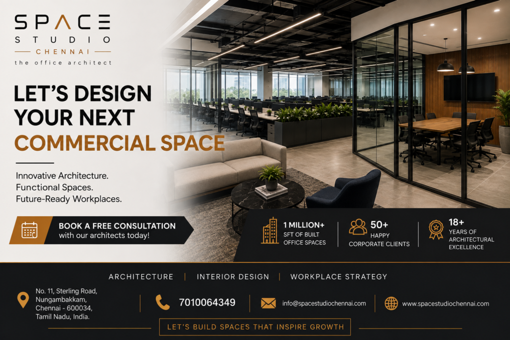 Contact Space Studio Chennai for commercial architecture, office design and workplace planning services in Chennai.
