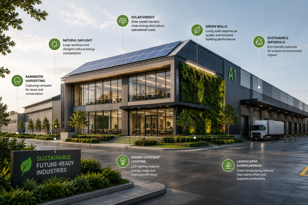 Sustainable industrial building design with solar energy, green walls and energy-efficient features
